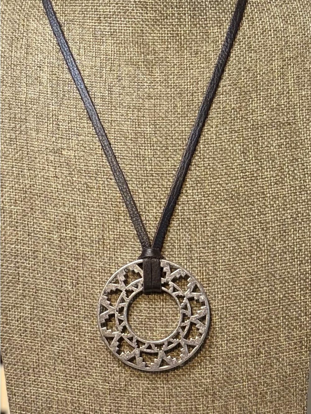 Silver-Tone Circle Cutout Pendant Necklace with Leather Cord